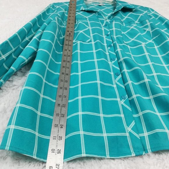 Notations Womens Shirt Top Button Down Blue Check Roll Tab Long Sleeve Petite PL - Picture 9 of 13